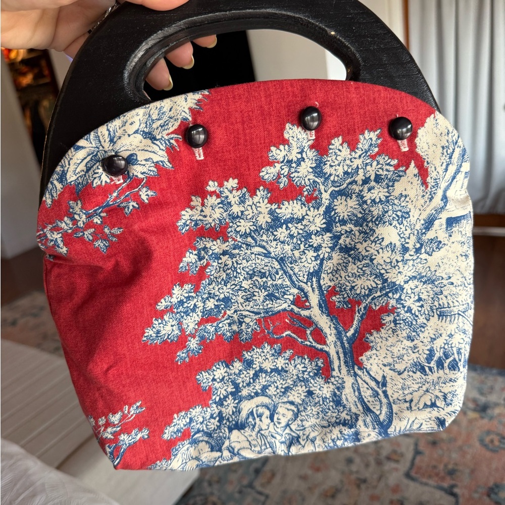 Vintage Chic Red and Black Mini Bag with Pastoral Print
